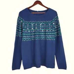 TALBOTS Fair Isle Knit Sweater Blue Green Studded Lambswool Blend Size L